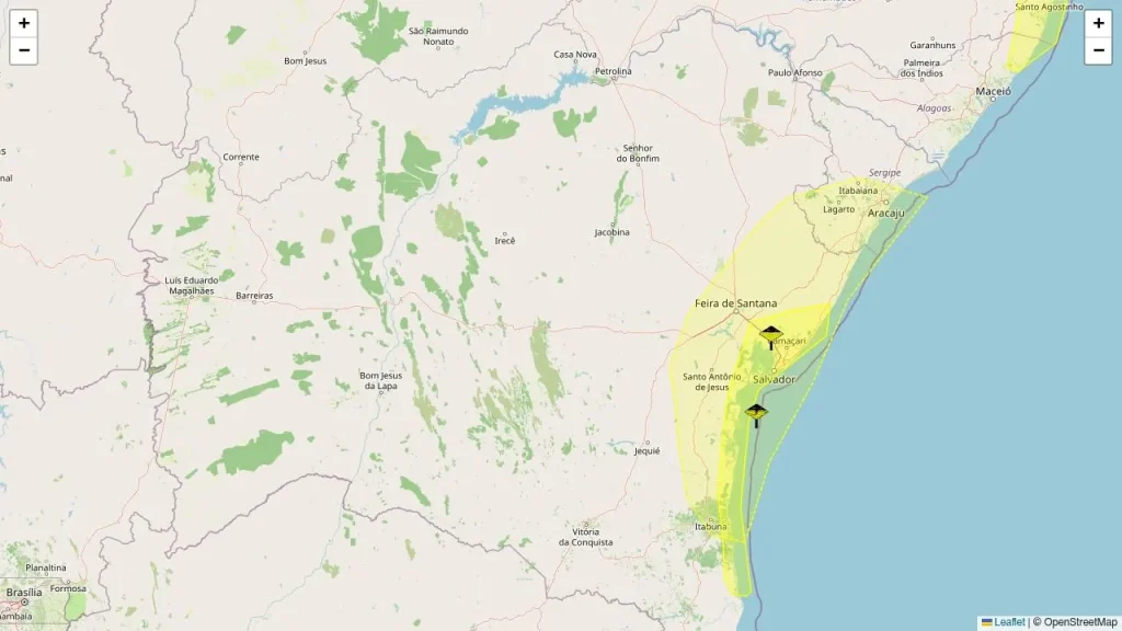Bahia em alerta amarelo para chuvas intensas em 134 municípios neste sábado