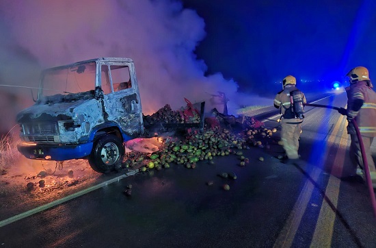 Caminhão carregado de frutas incendeia na BR-235 em Frei Paulo
