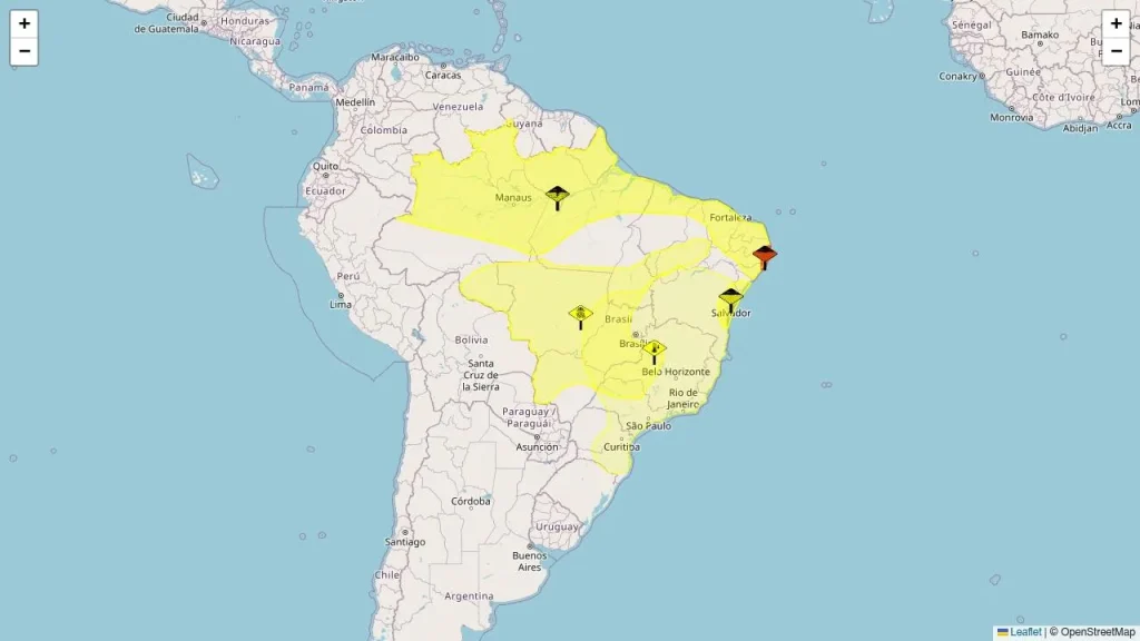 Brasil registra cinco alertas meteorológicos ativos nesta quarta-feira