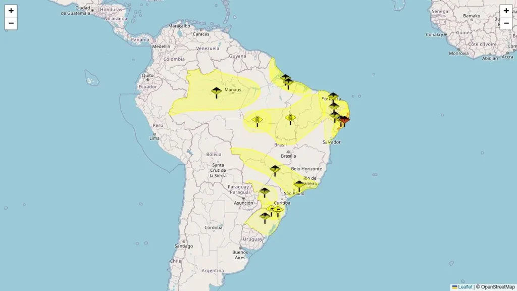 Dezesseis alertas meteorológicos ativos no Brasil nesta quinta-feira