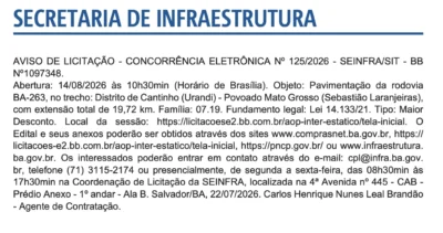 Bahia abre licitação para pavimentar trecho de 19,7 km da BA-263
