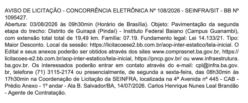 Licitação para pavimentação de 19,5 km entre Guirapá e IF Baiano é aberta