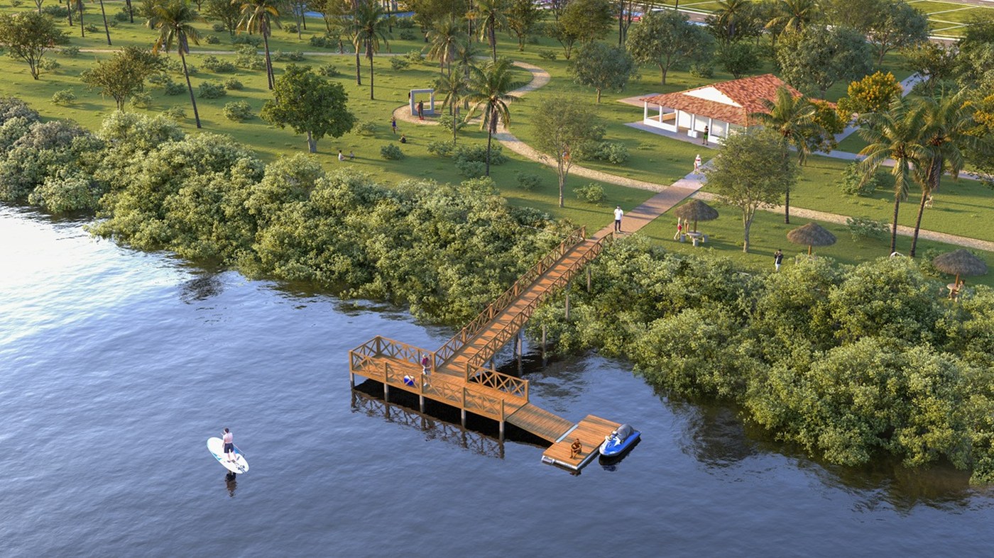 Projeto prevê píer contemplativo às margens do Rio Pomonga — imagem do projeto arquitetônico
